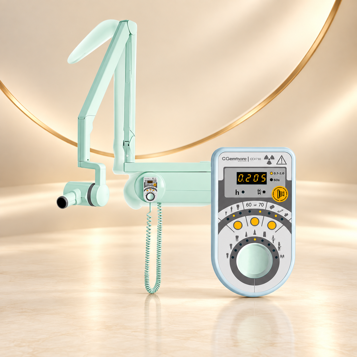 Equipamento de raio-X intraoral com braço articulado e painel de controle