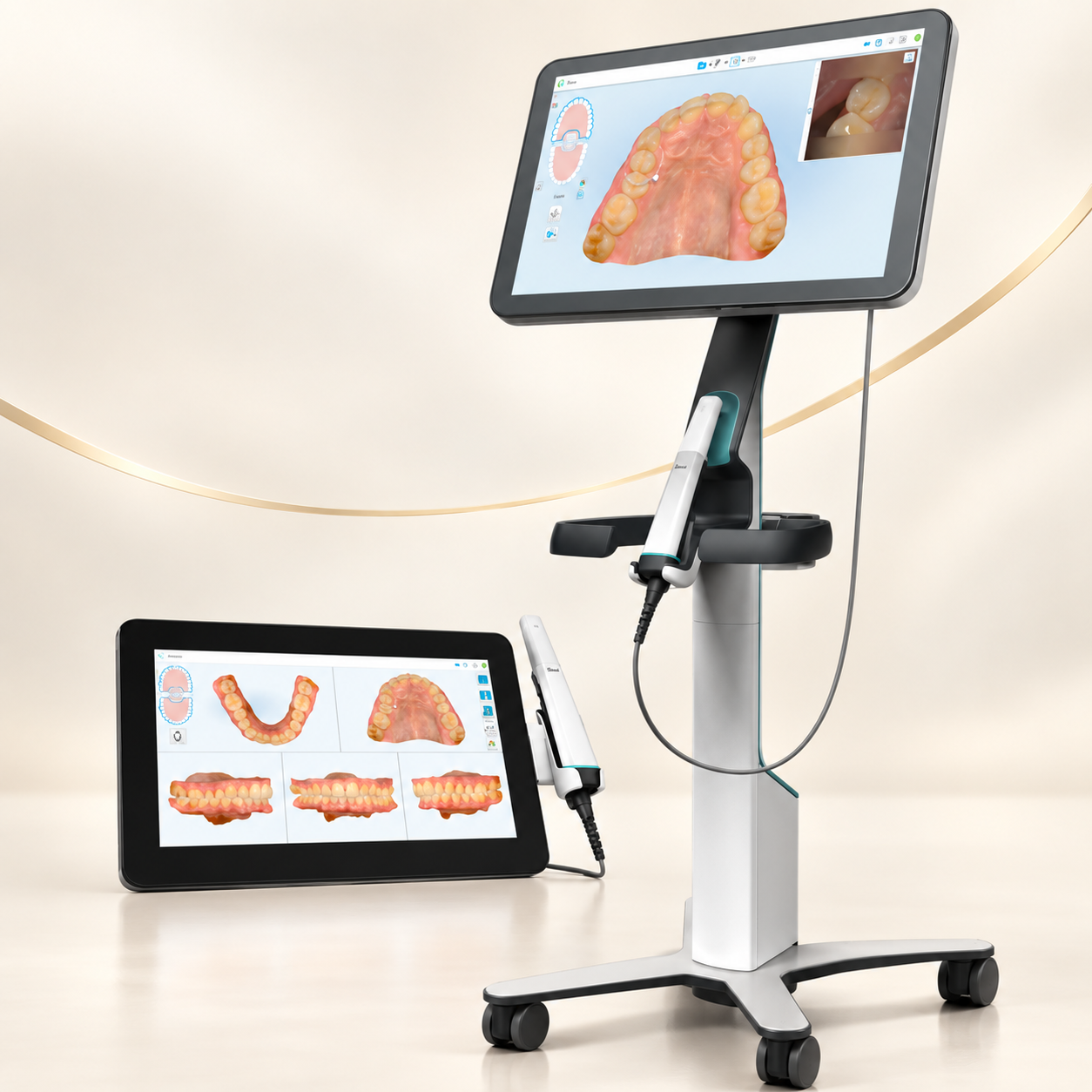 Scanners iTero com monitor e modelo digital das arcadas