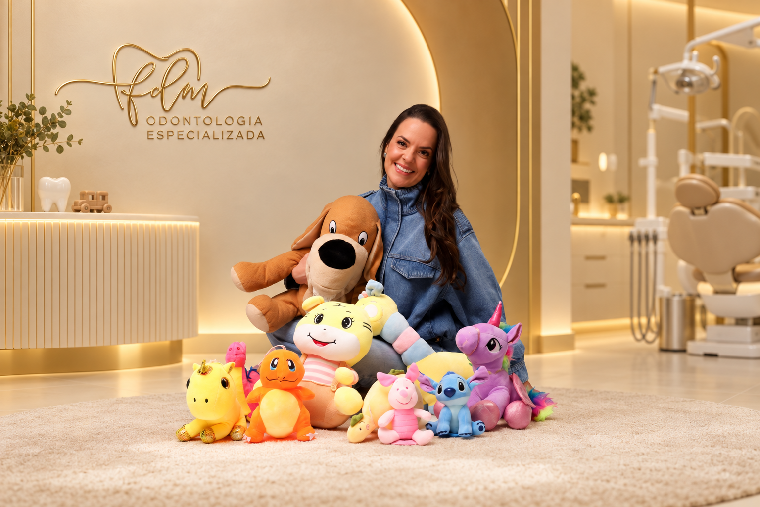 Profissional da FDM sentada com brinquedos de pelúcia em um ambiente acolhedor da clínica